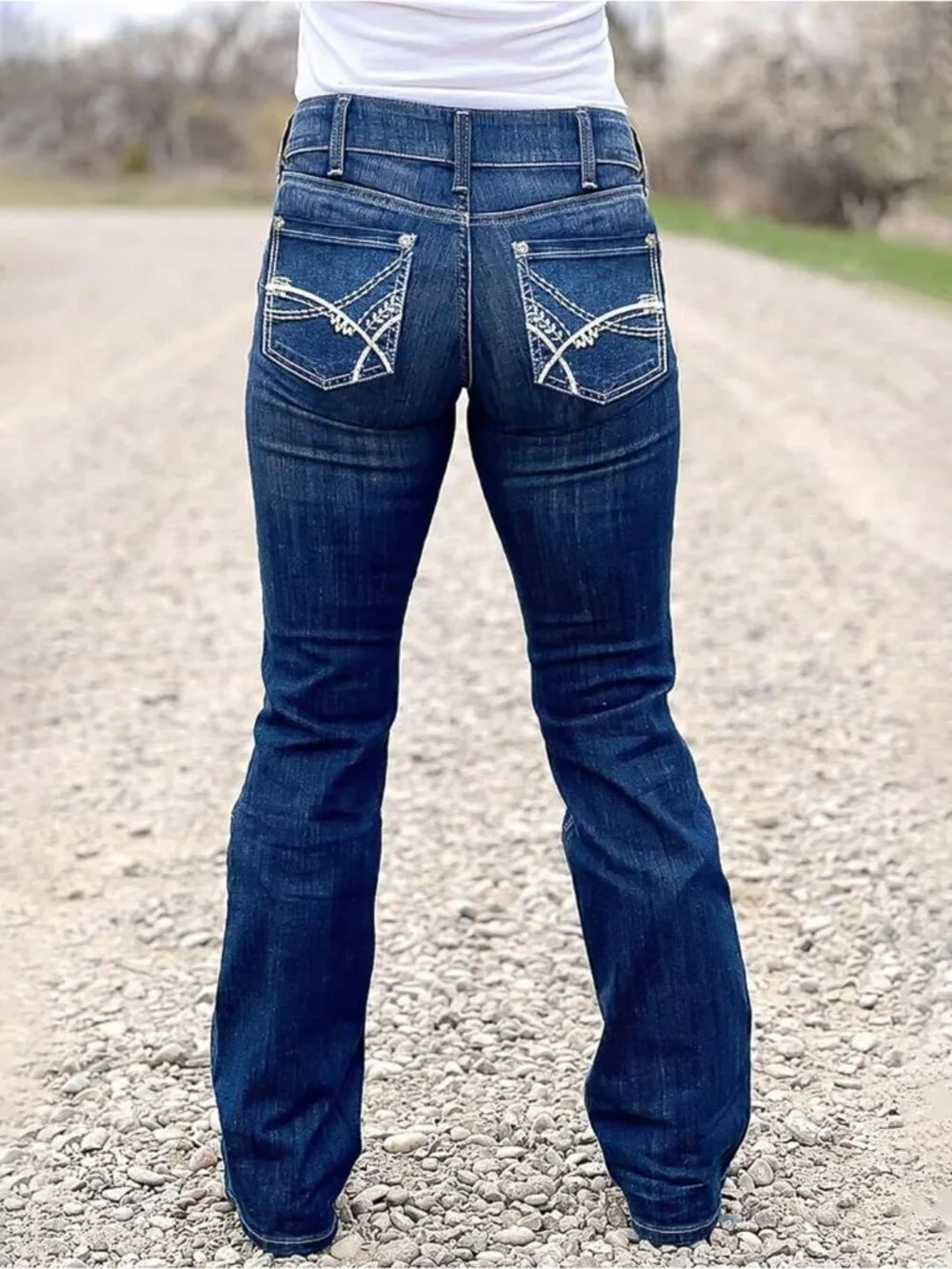 Women's Indigo Blue Pull On Mid Rise Flare Leg Zipper Lifting Bootcut Jeans